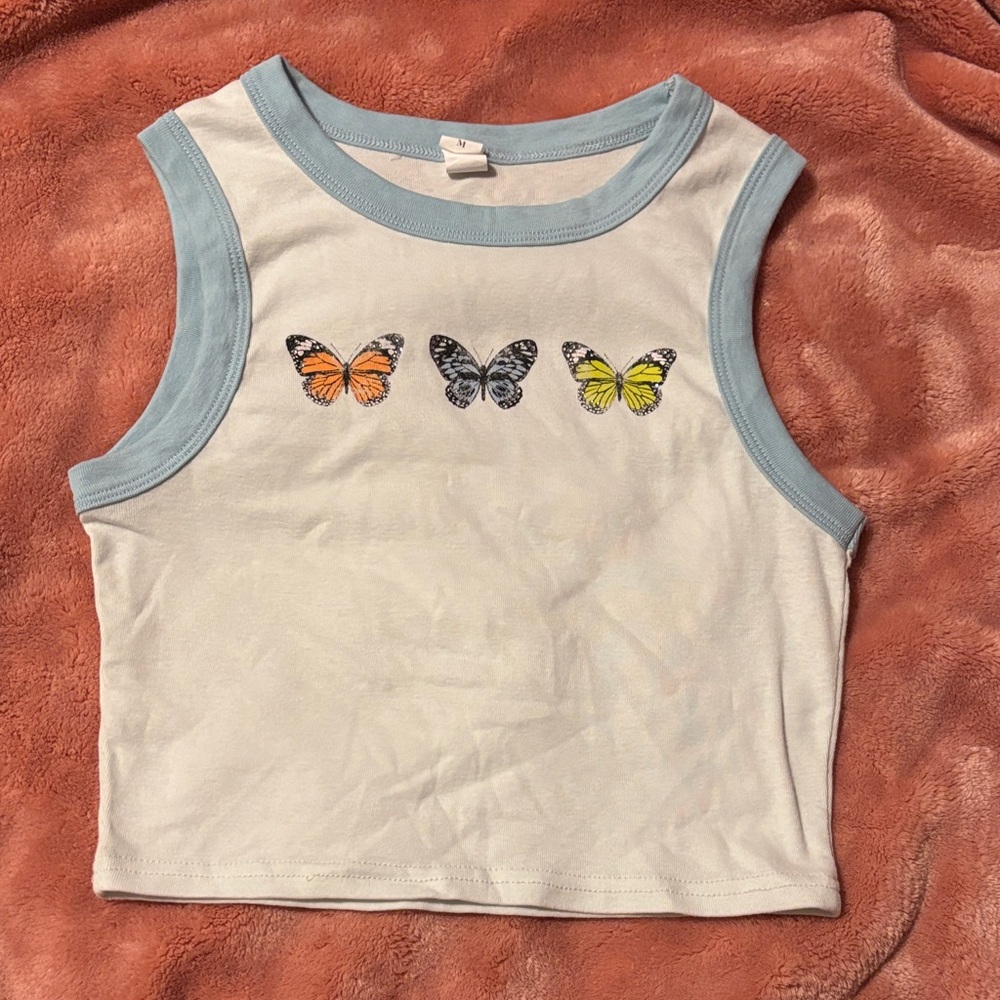 Butterfly Print Sleeveless Crop Top - White and Blue